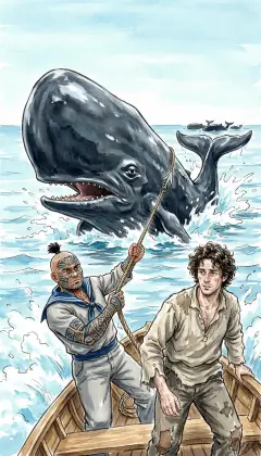 Queequeg's iron strikes deep, and the great whale bolts. It drags our little boat straight into the herd. Faster and faster, until at last its strength gives out.