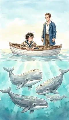 Yet at the very center, all is still: a glassy lake amid the tumult. Far below drift the mother whales and their nursing calves. They gaze up with mild eyes, as if we were the wonder. 'Hush,' Starbuck whispers. 'We have found the calm at the heart of it all.'