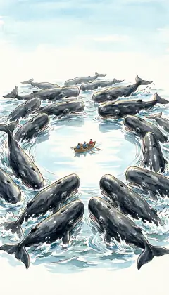 Out beyond the calm, thousands of whales mill in panicked rings. A vast stampede, driven witless with dread, turning upon itself. Soon the herd will scatter and the hunt break apart. And on another calm blue sea, a small frightened boy will be left behind.
