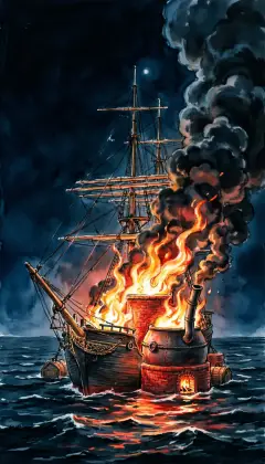 At midnight the Pequod becomes a floating furnace. Two great iron pots boil the whale's blubber down to oil. Snaky flames leap and roll black smoke into the night. The ship rushes on, a red hell upon a black sea.