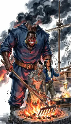 Daggoo towers over the hearth, raking the roaring flames. Queequeg feeds the fire and tells tales of terror in mirth. Tashtego pitches hissing blubber into the scalding pots. Their grimed faces flash white teeth like the grins of fiends.