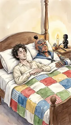 A few soft words, and the quarrel is past. "Better to sleep with a sober cannibal than a drunken Christian." Beneath the patchwork quilt, the two strangers settle in for the night.