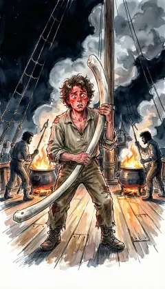 Ishmael steers by the whale's own jawbone, lit lurid red. Lulled by the fire, he slips into a standing sleep. He wakes turned around, seeing only jet gloom, and nearly capsizes her. Look not too long in the fire, lest it invert you.