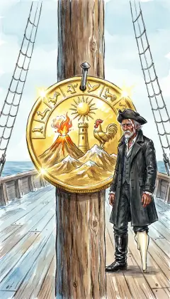 A bright gold coin is nailed dead-center to the Pequod's mast. It belongs to whoever first sights the White Whale. Ahab stares at its three proud peaks. "The tower, the volcano, the cock: all are Ahab."
