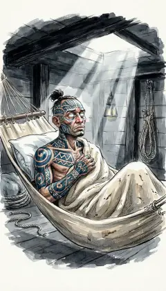 In the damp hold, Queequeg catches a chill that sinks into fever. He wastes to bone and tattooing in his swaying hammock. Yet his eyes grow strangely soft, like rings of eternity. The crew gives him up for lost.
