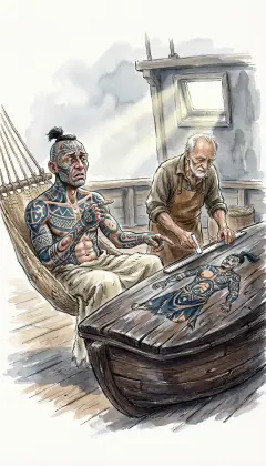 Queequeg asks for one thing: a canoe-coffin, like the whalemen of his island. "Float me to the stars," he says, "not flung to the sharks." The old carpenter measures him while he still breathes, and shapes the dark wood.