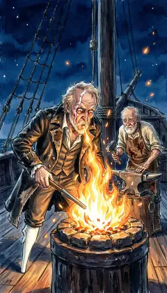 Deep in the Pequod's bowels stands old Perth the blacksmith, bent over his glowing forge. By the roaring forge, Ahab leans in and blows the fire himself. "Weld me a harpoon, Perth: one a thousand fiends could not part." He feeds it the toughest steel: nail-stubbs from racing horses' shoes. Old Perth obeys, but his hammer-hand trembles with dread.
