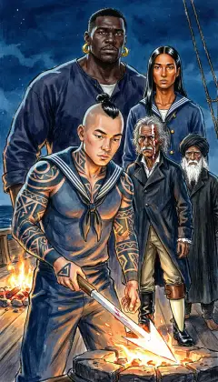 For the barbs, Ahab wants no water. Queequeg bares his tattooed arm. Three harpooneers give their blood to quench the glowing iron. As the blood scorches the steel, Ahab howls his dark baptism. "I baptize thee not in the Father's name, but the devil's!"