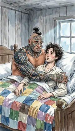 I wake to find Queequeg's tattooed arm flung over me, fond as a husband's. His arm and the patchwork quilt are so alike I can scarce tell them apart. A strange bedfellow, and yet I never slept better in my life.