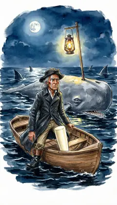 The forge cools, and the long days roll on. A whale is taken at last, and Ahab's boat lingers far out on the night water. Far out on the black midnight sea, Ahab's boat rests beside a dead whale. A lone lantern sways on a pole, its flame trembling over the dark. Ahab jolts awake. He has dreamed of the hearses again.