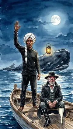 From the bow, the Parsee Fedallah speaks his cold oracle. "No hearse nor coffin can be thine, yet two hearses must be seen on the sea." "And take another pledge: hemp only can kill thee."