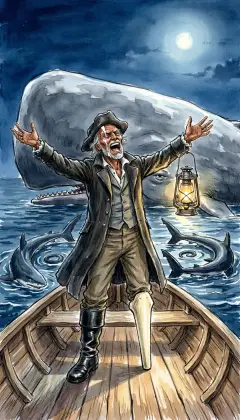 Ahab throws back his head and laughs at the dark prophecy. "The gallows? Ha! Then I am immortal, on land and on sea!" Below them, sharks coil round the carcass, tails knocking on the planks. He hears only what comforts him, and come morning, lifts his quadrant high.