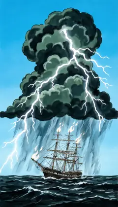 Out of a clear Japanese sky bursts the direst of all storms. The bare-poled Pequod fights for her life on a roaring black sea. Then, silently, pale flames crown all three mast-tips, like candles before an altar.