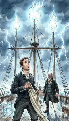 "The corpusants!" Starbuck cries. "St. Elmo's fire on every mast!" "Shall we not drop the lightning-rods over, old man, for safety?" "Let them be," says Ahab. "Fair play here, though we be the weaker side."