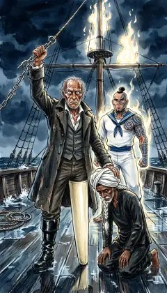 Ahab seizes the humming lightning-links in his bare hand, his foot on the kneeling Fedallah. "Oh clear spirit of fire, I know thee now, and thy right worship is defiance!" "I burn with thee; defyingly I worship thee!" The flames wane, and the ship is wrapped in dark once more.