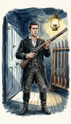 After Ahab's mad defiance in the storm, Starbuck resolves that the captain must be stopped before he dooms them all. Deep in the night, Starbuck lifts a loaded musket outside the captain's door. It is the very gun Ahab once pointed at his own chest. His hands shake. He has handled a hundred lances, yet now he trembles.