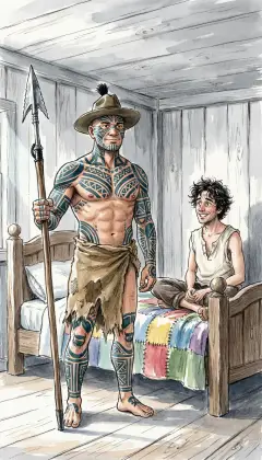 Now Queequeg rises and dresses by his own queer order. Hat first, then under the bed to pull on his boots. And he shaves his very cheeks with the sharpened edge of his harpoon.