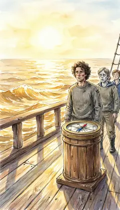 Morning breaks over the Pequod. The sea rolls in long billows of molten gold. But the storm's lightning has turned the compasses. The needles point backward: the ship has been sailing the wrong way. The crew turn pale. So dire an omen.