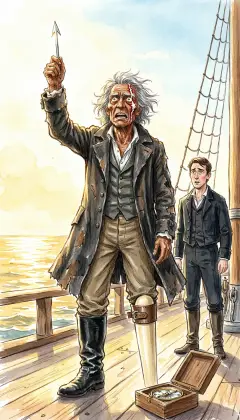 Ahab lifts a sail-needle high over the compass, exalted and wild. Starbuck warns him: the sun rises astern, they steer the wrong way. "Lightning has turned them," says Ahab. "But Ahab makes his own." He magnetizes the needle and balances a true compass of his own.