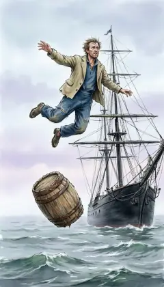 At sunrise a man falls from the masthead into the grey sea. He was the first set to watch for the White Whale, the first the deep swallows. The old sun-rotted buoy is thrown, but it sinks after him.