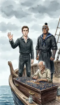 Grim-faced, Starbuck gives a melancholy order at the stern. There is no cask to replace the lost buoy. "Rig it, carpenter," he says. "Make a life-buoy of the coffin." Queequeg has quietly offered his own coffin for the task.