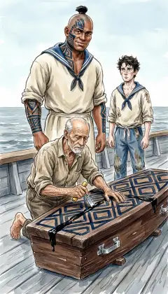 The carpenter nails the lid, caulks the seams, and pays them over with pitch. Queequeg watches calmly: a box built for death now made to keep men alive. Sealed tight, the coffin hangs at the stern, waiting to save the next life lost.