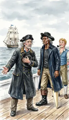 Her captain, Gardiner, springs aboard with a father's heart in his hands. "I have seen the White Whale. But my own boy is lost adrift!" "For God's sake, join the search just two days. You too have a son, Ahab." Stubb watches, his easy grin dying into pity.