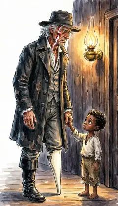 Since the sea unhinged him, mad little Pip has haunted the captain's own cabin, and grim Ahab strangely suffers the boy near. By lamplight, old Ahab turns to climb on deck. Little Pip catches his hand and will not let go. "Lad, thou must not follow Ahab now."
