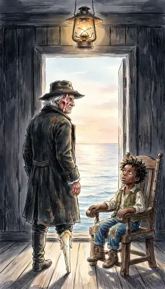 "I tell thee no," says Ahab. "God for ever bless thee." He sets Pip in his own bolted captain's chair. Then he climbs alone toward the deck above. Outside, a strange, beautiful calm breaks over the sea.