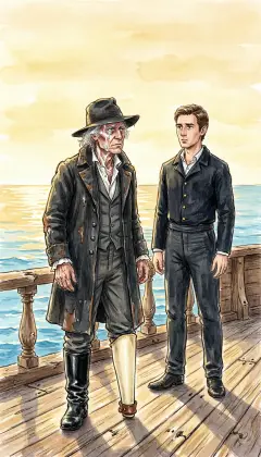 The sea lies still and golden. Old Ahab's iron face softens at last. A single tear slips down his cheek and falls into the calm water. "Stand close, Starbuck. Let me look into a human eye." "I see my wife and child in thine."