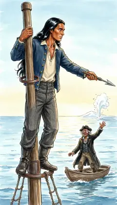 At dawn, high on the mast, Tashtego spots a silent spout far across the sea. A hump like a snow-hill breaks the waves. It is Moby Dick at last. Ahab throws up his arm. 'The doubloon is mine! Fate saved it for me!' 'Lower away! Down boats! Pull for the white fiend himself!'
