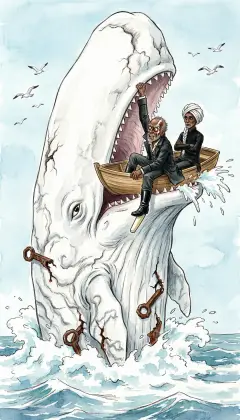 The white whale rises straight beneath them, its long jaw yawning like an open tomb. Ahab seizes the bone jaw with his bare hands, exultant; Fedallah watches, calm as fate. The jaws close like monstrous shears and bite the boat clean in two. The halves droop in the foam, and the old man is spilled into the sea.