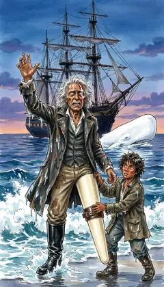 Ahab is hauled out of the sea alive, crushed and dripping, but unbroken. The Pequod bears down and drives the white whale off into the deep. 'The eternal sap runs up in Ahab's bones again!' he cries. One day gone, the whale undefeated, and the chase runs on.