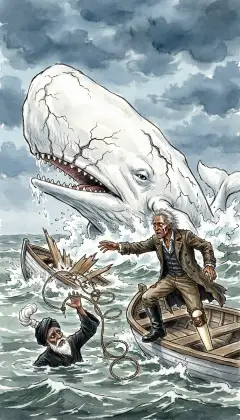 On the second day the boats lower again, and again the white whale turns on them. The lines snarl, and the silent Parsee Fedallah is snatched overboard and gone. Two days gone, and still the whale runs free toward the third.