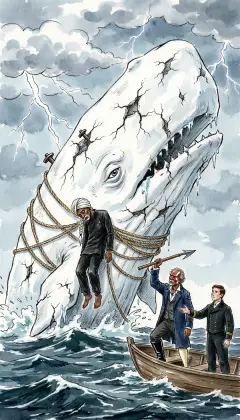 On the third day the white whale rises in his last fury, the drowned Parsee lashed to his back. "Not too late, even now, to desist!" Starbuck cries. "Moby Dick seeks thee not: it is thou that seekest him!" But Ahab's heart is wrought steel. "Towards the whale I roll!"