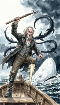 "From hell's heart I stab at thee!" Ahab hurls his last harpoon and his last curse. The line runs foul. The flying loop whips round his neck. Voiceless, he is snatched into the deep. Hemp alone could kill him, as the Parsee swore.