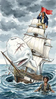 Moby Dick smites the Pequod's bow: the second hearse, of American wood, as foretold. Still Tashtego drives his nails, fastening the red flag to the sinking mast. Ship, boat, and crew spin down into one great vortex. The sea closes over all, save one.