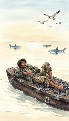 A day and a night I floated on the gentle coffin. Sharks slid past as if their mouths were padlocked; hawks wheeled with sheathed beaks. The great shroud of the sea rolled on, as it rolled five thousand years ago, indifferent to all.