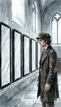 Cold marble tablets line the walls, each black-bordered, each a name. They honor whalemen the sea never gave back. He reads them, and reads his own fate: the same may yet be thine, Ishmael.