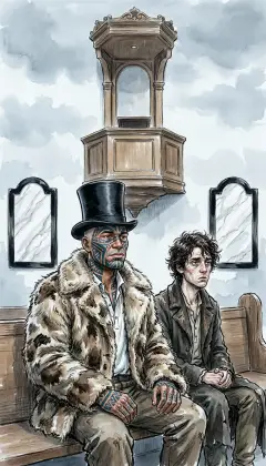 Queequeg sits beside Ishmael, the only soul not reading the walls. He cannot read the marks, yet he feels their sorrow well enough. The high pulpit stands empty. They settle in to wait for Father Mapple.
