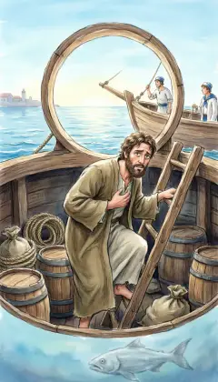 Jonah fled God's command, hiding below deck on a ship bound far away. So God sent a great storm, and the terrified sailors cast lots. The lot fell on Jonah. Overboard he went, and a great fish swallowed him whole.