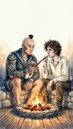 The sermon done, we walk back through the dark to the Spouter-Inn. Late at night, only the dying fire still glows in the Spouter-Inn. Queequeg passes me his tomahawk-pipe, and I take a puff. With every shared breath of smoke, the ice in my heart melts. No more is my splintered heart turned against the cold world.
