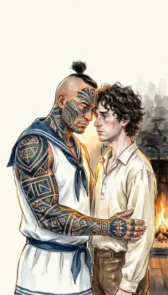 He presses his forehead to mine and clasps my waist. "Henceforth we are married. Bosom friends," says Queequeg. "Queequeg gladly die for you, if need be." "Then married it is," I answer. "A cosy, loving pair."