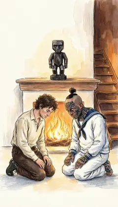 To seal our bond I kneel beside Queequeg before Yojo, his idol. For once, for friendship's sake, I turn idolator too. The stairway rises into the dark, and we turn in together. A cosy, loving pair, against the cold of the world.