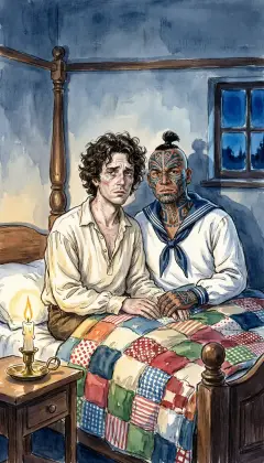 Deep in the night, two friends sit up in the big inn bed. A patchwork quilt is drawn to their knees, the dark cold all around. Ishmael and Queequeg talk low and easy, a cosy, loving pair.