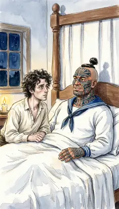 Queequeg sees that his pale friend listens, and does not laugh. Warm in the dark and glad to be heard, he starts to speak of home. Far across the sea, his island waits, and he tells the whole of it.