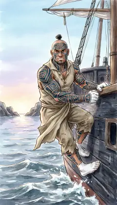 Young Queequeg clings fast to the side of a passing whaler, fierce and unshakeable. As a boy he longed to see the Christian world, sure its people were happier. A whaler refused to take him, so he hid by a strait and sprang aboard. He swore he'd be cut to pieces before he'd let go.