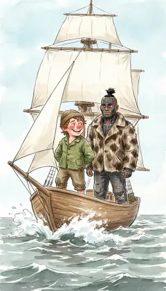 Morning. We settle with Peter Coffin and carry our bags down to the wharf, bound at last for Nantucket. The little schooner Moss runs for Nantucket, spray bursting off her bow. A green bumpkin smirks and mimics Queequeg behind his back. The tattooed harpooneer keeps his calm, paying the fool no mind.