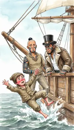 The boom swings loose and pitches the fool clean overboard. Cool as ice, Queequeg dives into the freezing sea. He hauls the drowning bumpkin out and asks no word of thanks.
