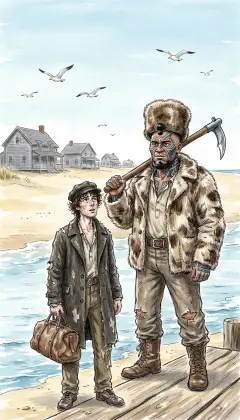 At last, Nantucket: a mere elbow of sand, all beach and no background. Ishmael steps ashore with his carpet-bag, gazing in wonder at the famous little island. Queequeg follows, harpoon on his shoulder, at home in any port of the world. Here, our true voyage begins.